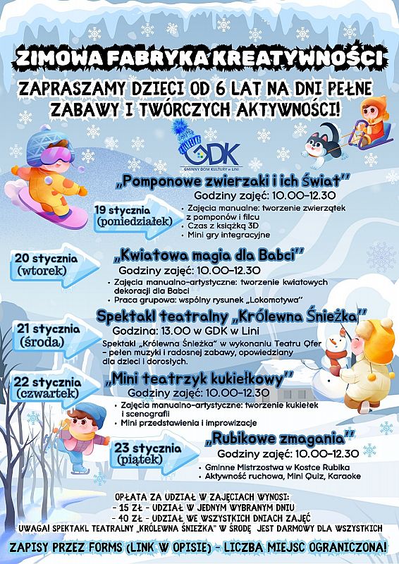 Grafika 1: Spektakl teatralny "Królewna Śnieżka" w ramach ferii zimowych w gminie Linia