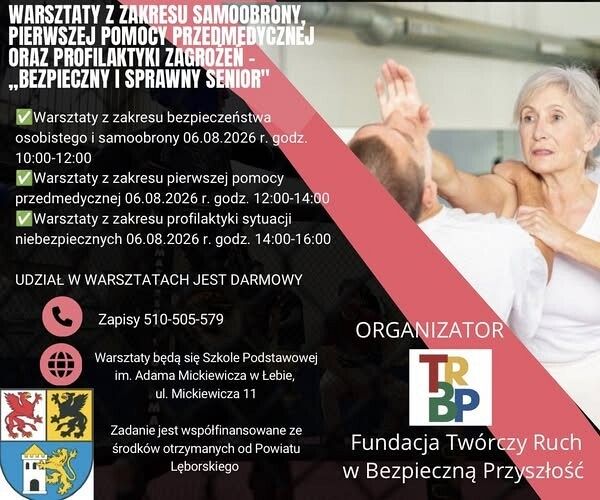 Grafika 1: warsztaty z zakresu bezpieczeństwa osobistego i samoobrony oraz pierwszej pomocy przedmedycznej dla seniorów